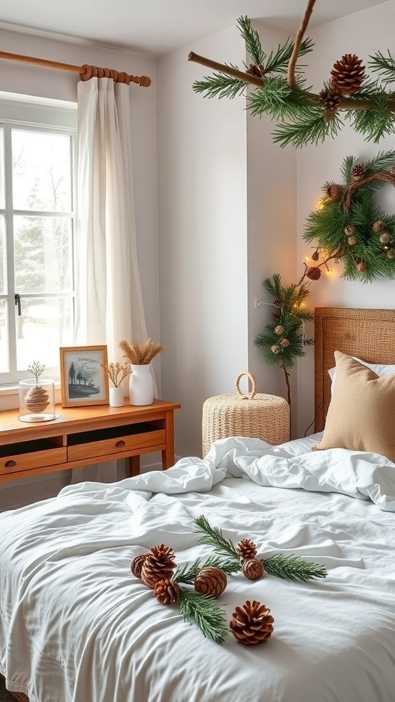 A cozy winter bedroom with pine branches and pinecones as decorations.