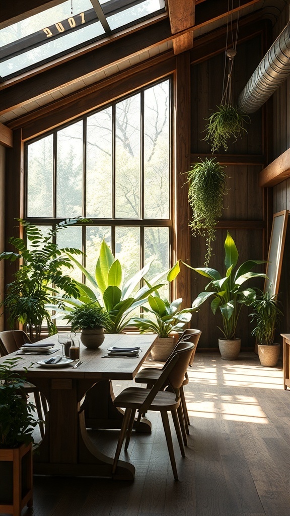 A rustic dining area with large windows and various indoor plants.