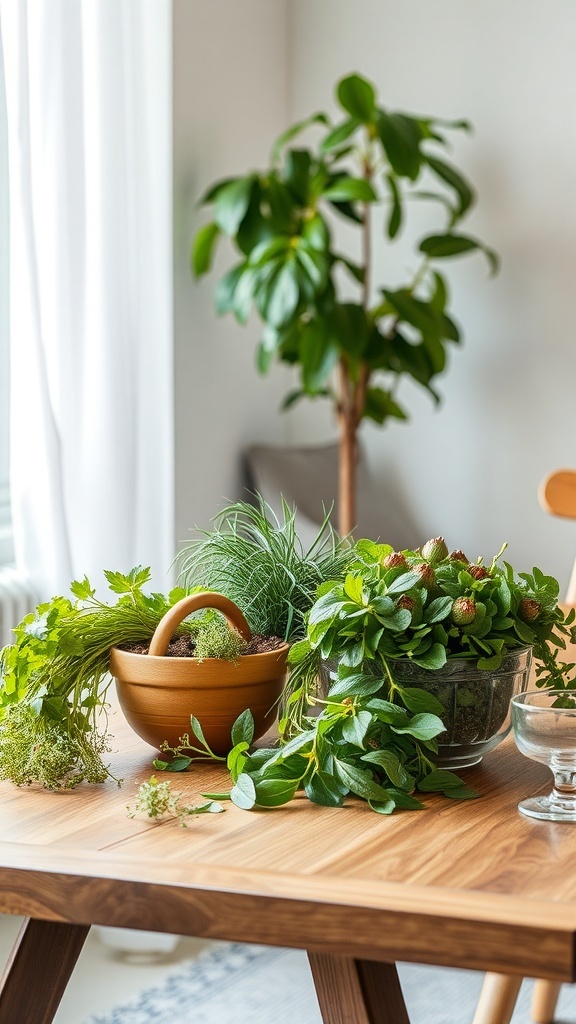 A modern Thanksgiving table featuring fresh herbs and greenery on a wooden surface.