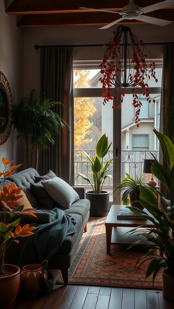 A cozy living room with indoor plants, a sofa, and a view of fall leaves outside.
