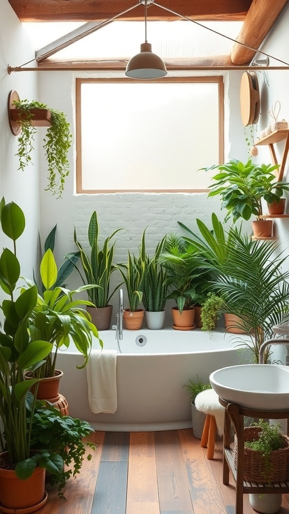 A rustic bathroom filled with various indoor plants, featuring a bathtub and natural wood elements.