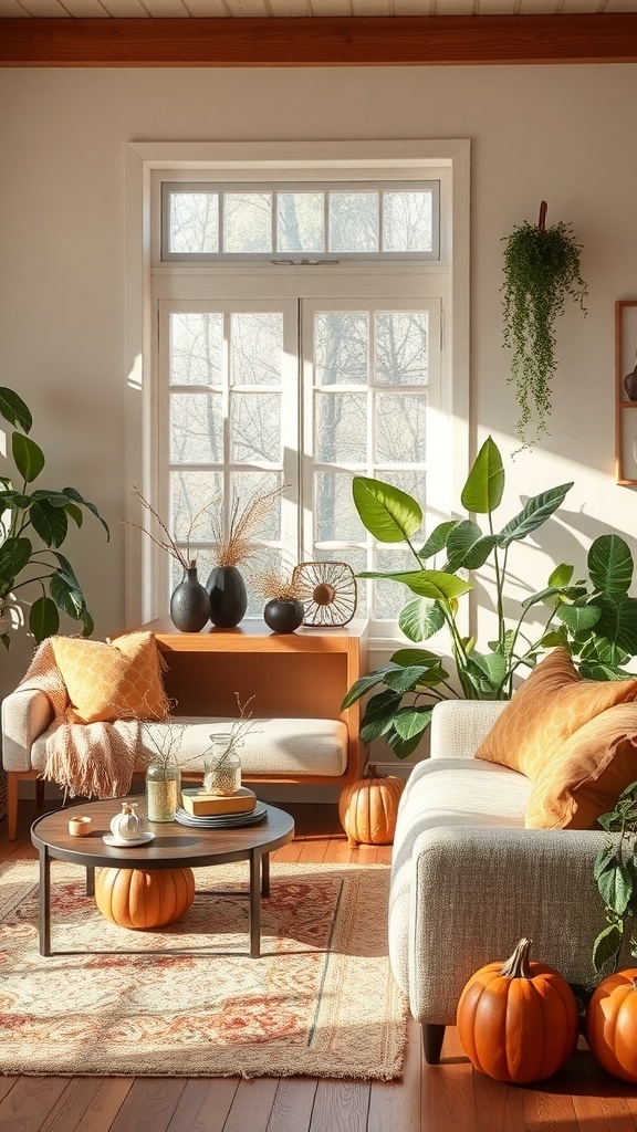 Cozy fall living room with plants and pumpkins