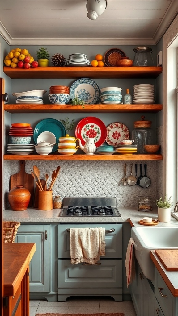 A small farmhouse kitchen with open shelving displaying colorful dishes and fresh fruits.