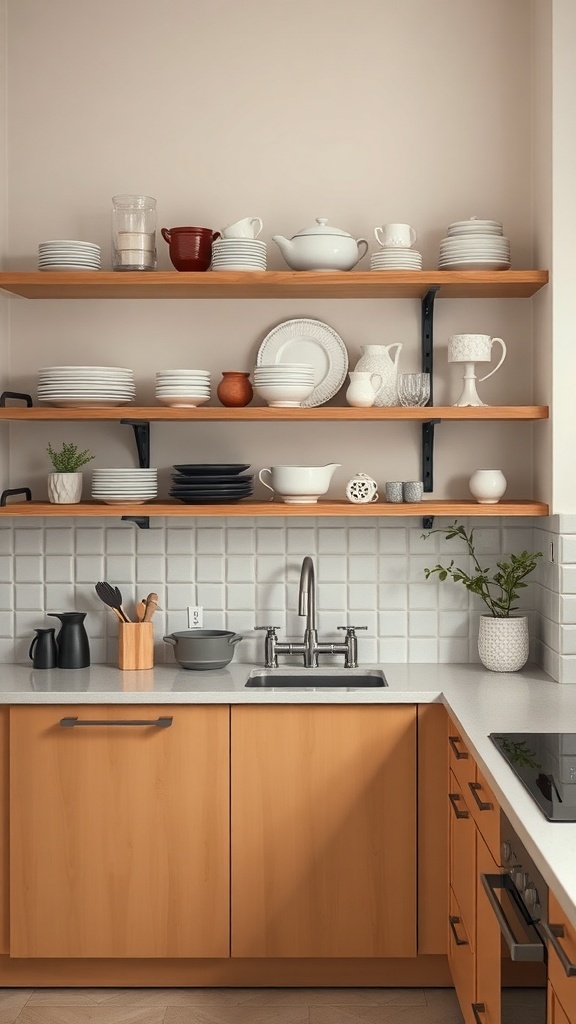 A modern kitchen featuring open wooden shelves filled with various dishes and decorative items.