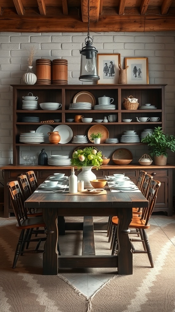 Rustic farmhouse dining table with open shelving displaying dishes and decor.