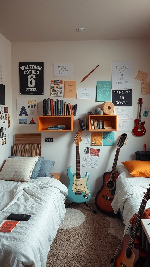 A cozy dorm room featuring guitars, books, and colorful wall art.