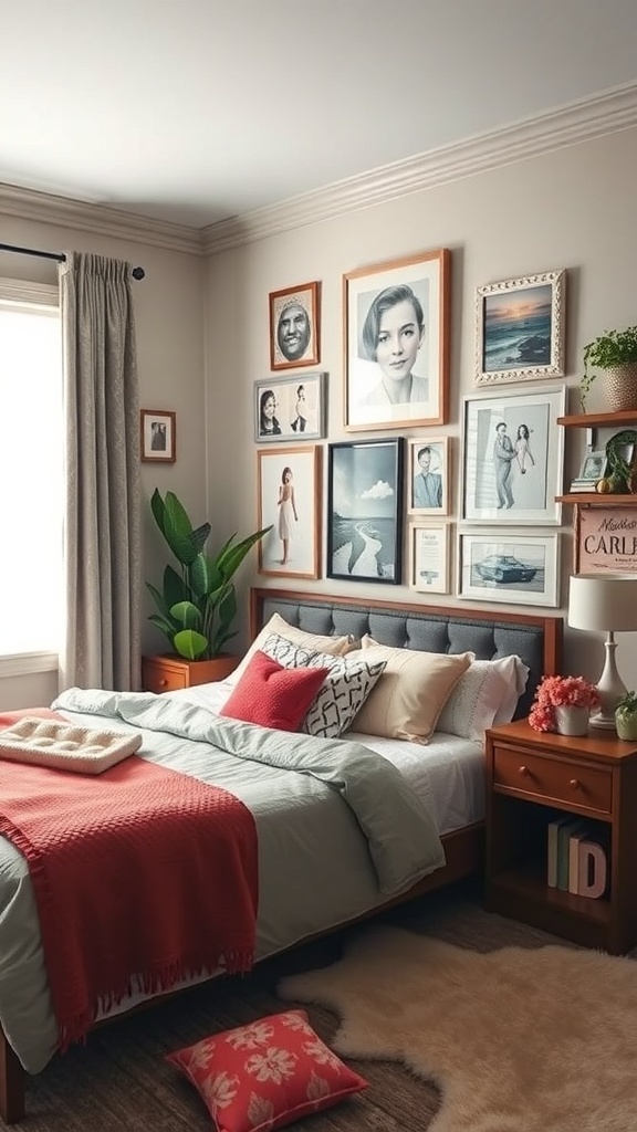 A cozy bedroom with a gallery wall of framed pictures and a neatly made bed.