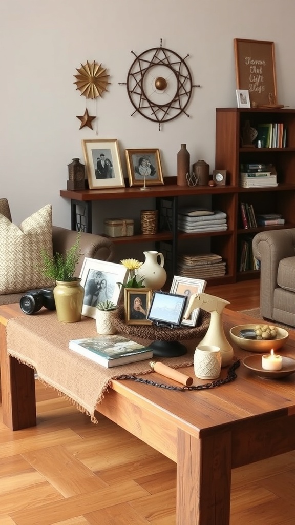A rustic coffee table adorned with personal items like photos, candles, and decorative pieces.