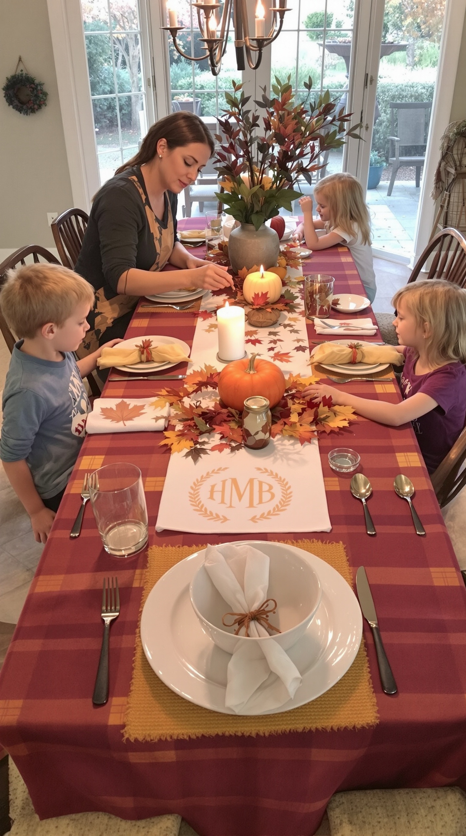 A mother and her children enjoying a Thanksgiving meal around a table with a festive tablecloth.