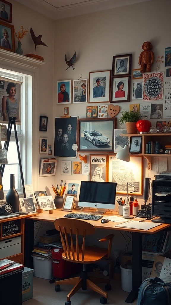 A cozy artist's room with a wooden desk, computer, and walls filled with personal photos and artwork.
