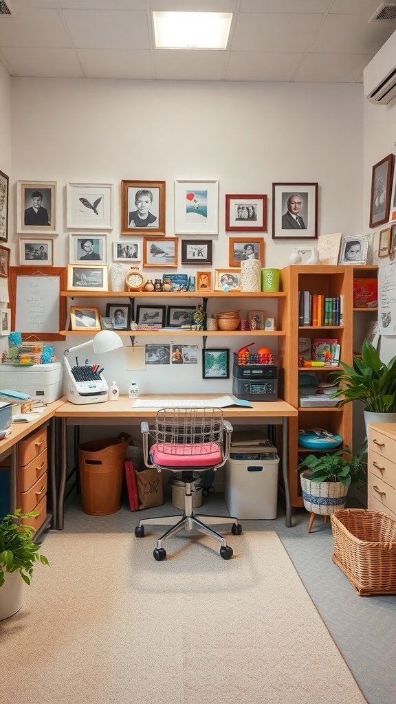 A cozy craft room with personal touches, including framed photos on the wall and a colorful chair.