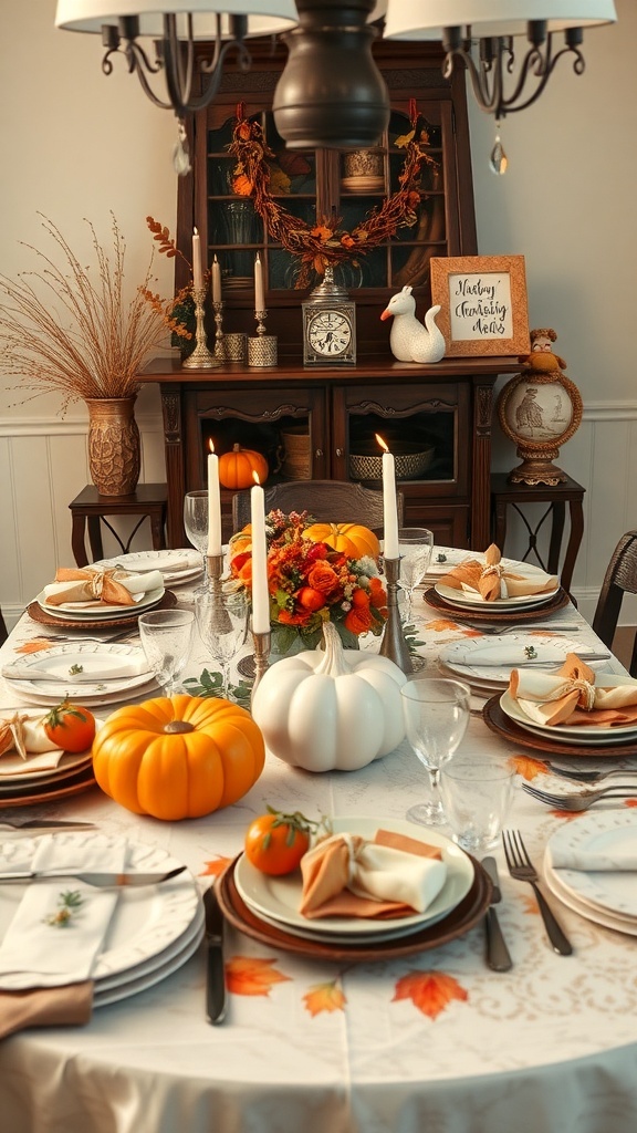 A beautifully set Thanksgiving table with pumpkins, flowers, and elegant tableware.