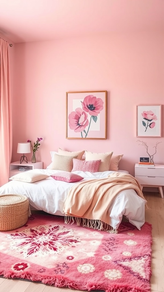 A cozy pink bedroom featuring floral artwork, soft pillows, and a colorful rug.