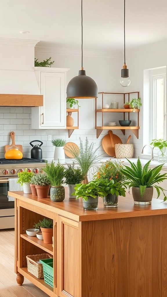 A modern peninsula kitchen featuring various potted plants on the countertop and shelves, with wooden elements and stylish lighting.