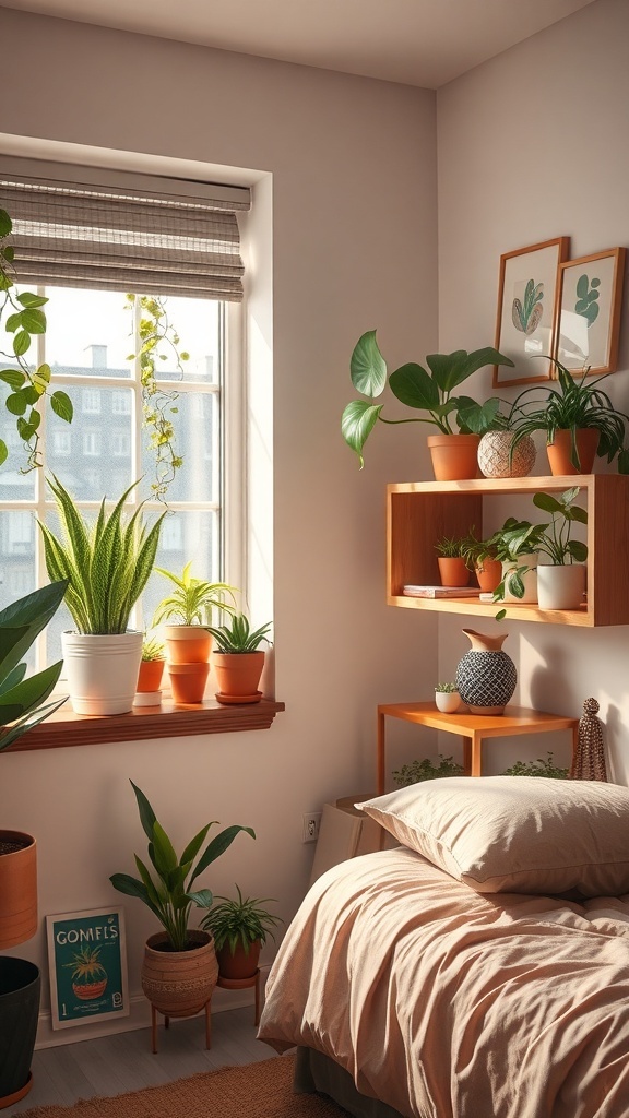 A cozy dorm room with various potted plants on a windowsill and shelf, creating a fresh and inviting atmosphere.