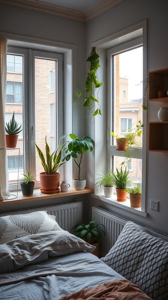 A small guest bedroom with various plants on windowsills and shelves, creating a fresh and inviting atmosphere.
