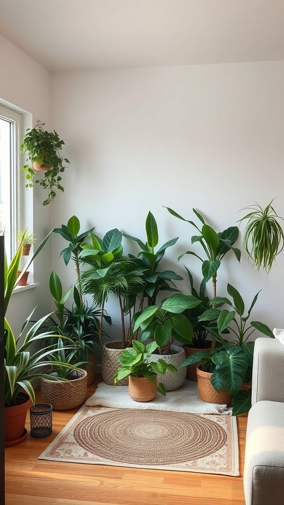 A cozy small living room filled with various indoor plants in pots.