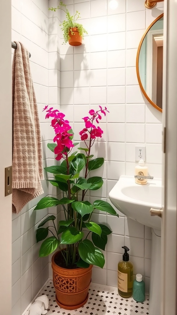 A small bathroom with various plants arranged around the sink and toilet, creating a fresh and colorful atmosphere.