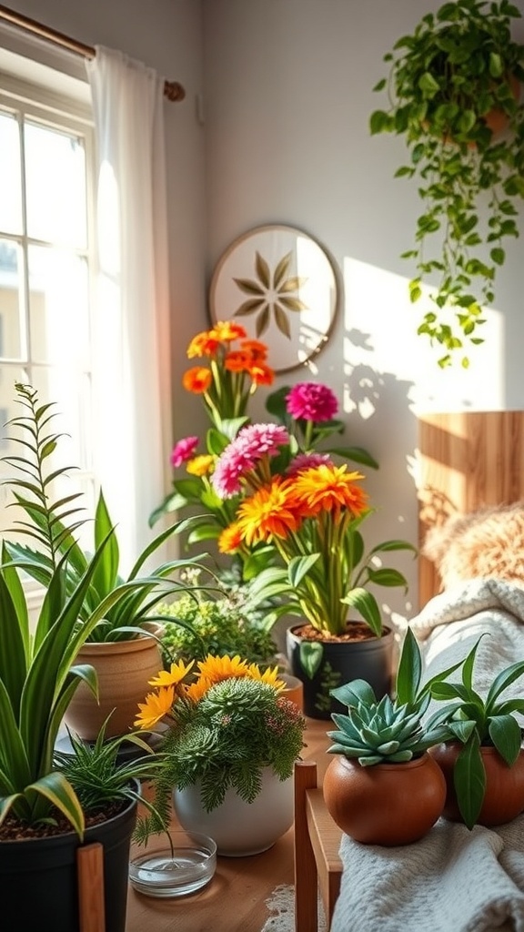 A cozy bedroom filled with various plants, including colorful flowers and green foliage, creating a fresh and inviting atmosphere.