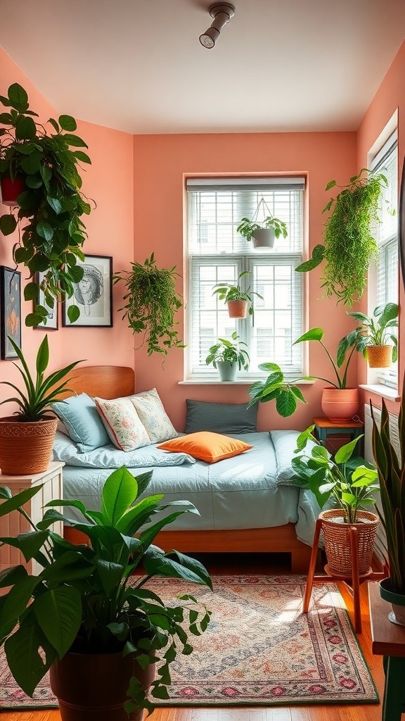 A cozy teen girl's bedroom filled with various plants, featuring peach walls and a comfortable bed.