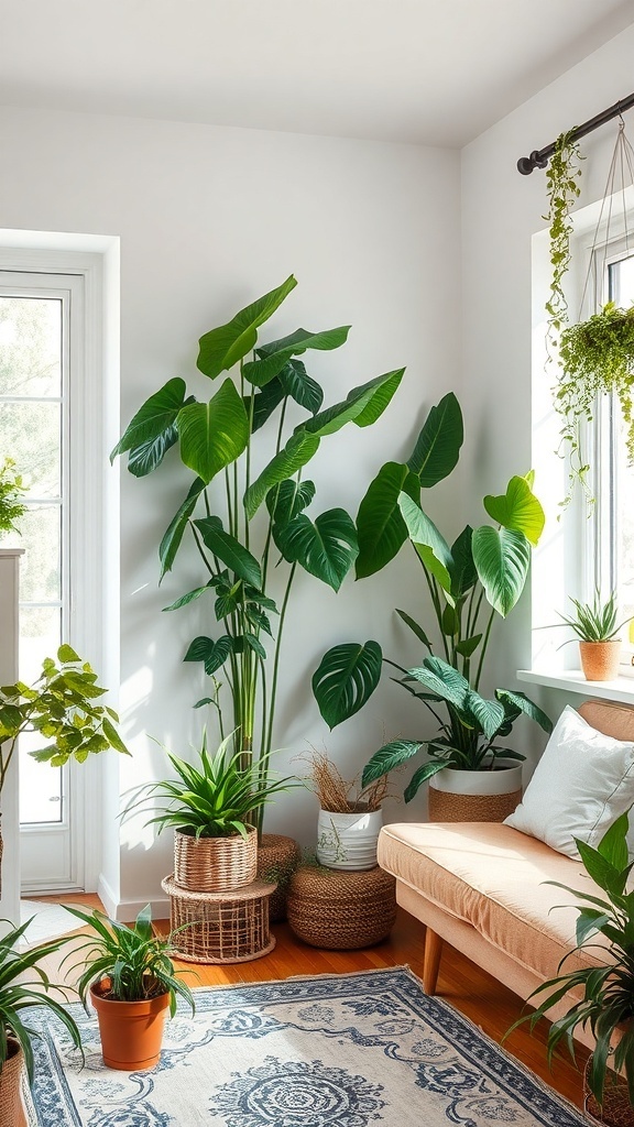 A cozy living room with various indoor plants, showcasing a vibrant and fresh atmosphere.