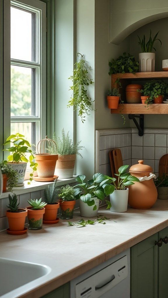 A sage green farmhouse kitchen with various plants on the windowsill and countertop.