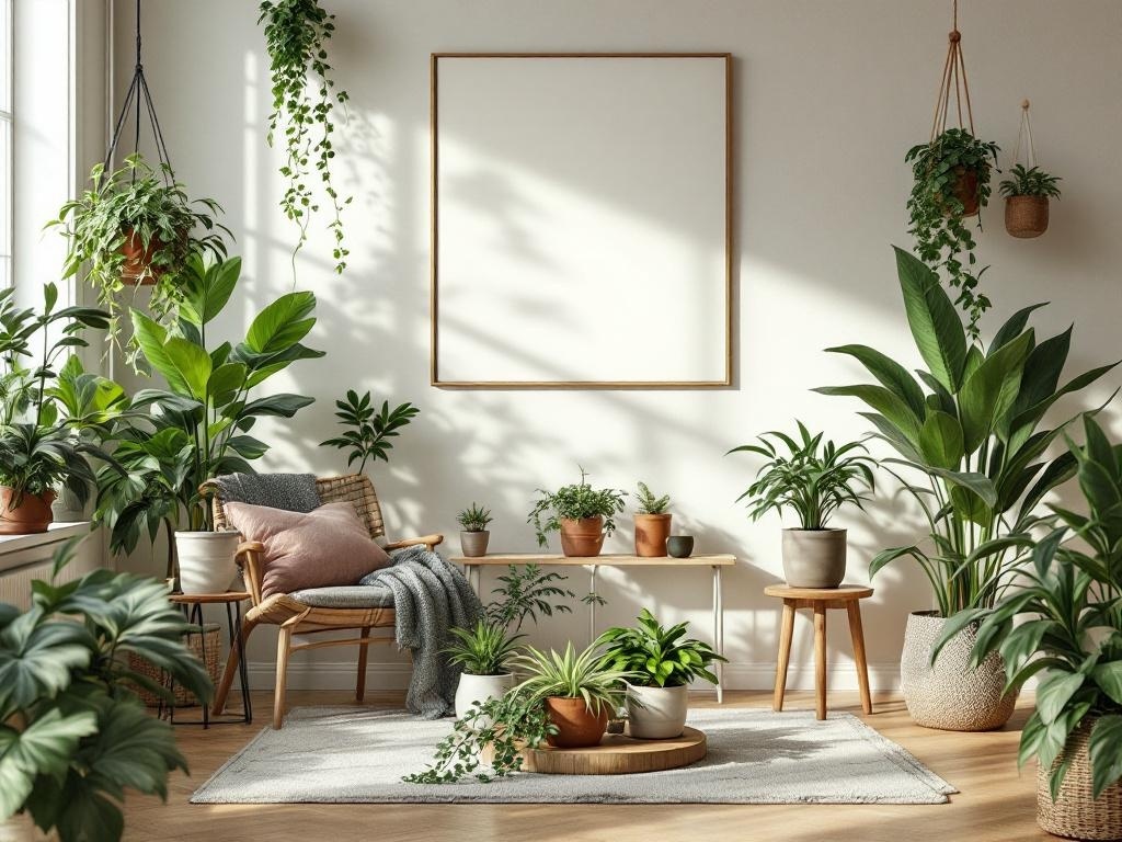 A cozy room filled with various plants, featuring a comfortable chair, wooden furniture, and natural light.
