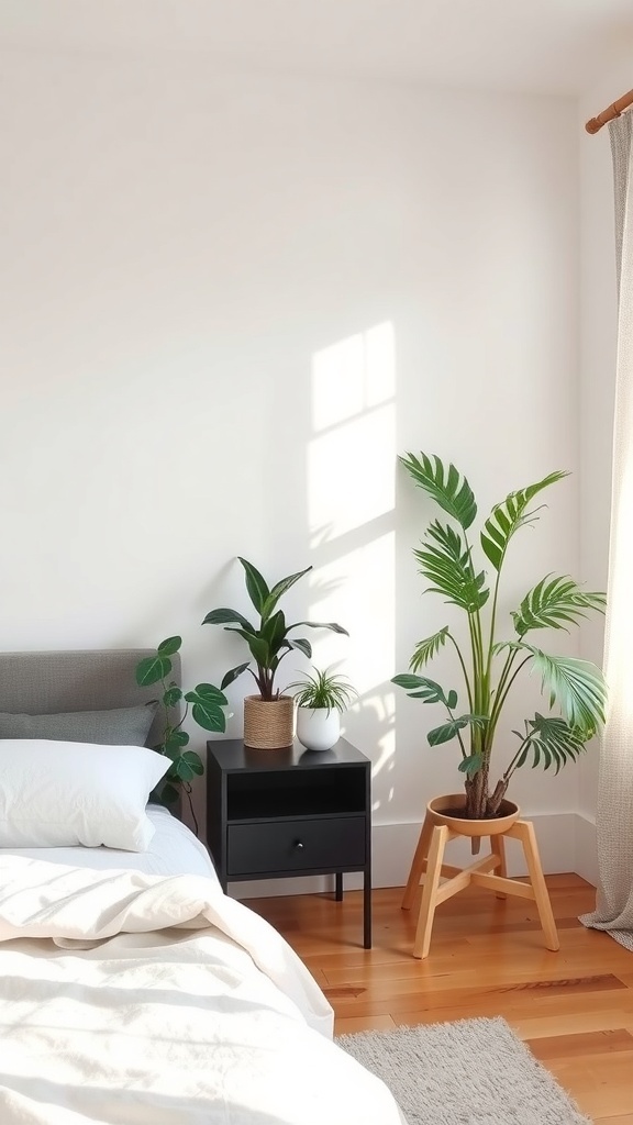 Minimalist bedroom with plants and a nightstand