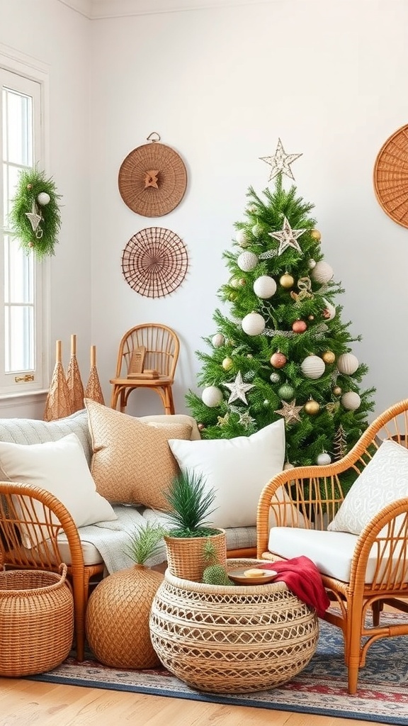 Cozy boho Christmas decor featuring rattan and wicker elements.