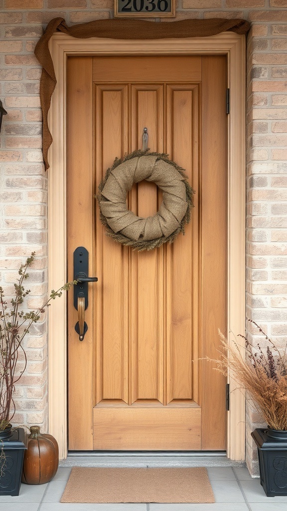 A rustic front door with a burlap wreath and potted plants.