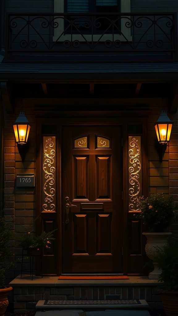 A rustic front door with warm lantern lighting