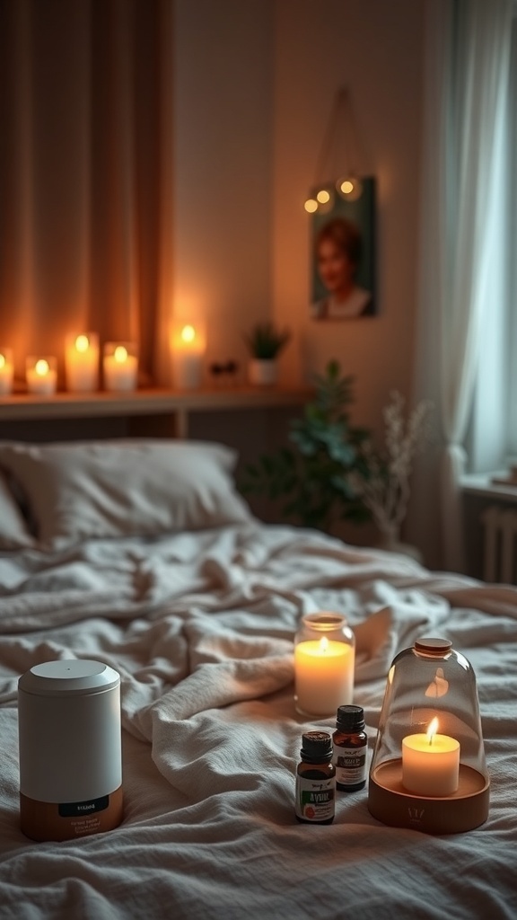 A cozy bedroom with candles and a diffuser, creating a warm atmosphere.