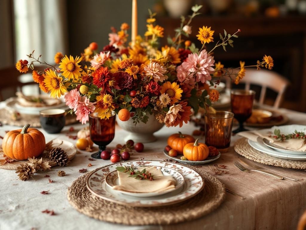 A beautifully set Thanksgiving table with a floral centerpiece, pumpkins, and elegant dinnerware.