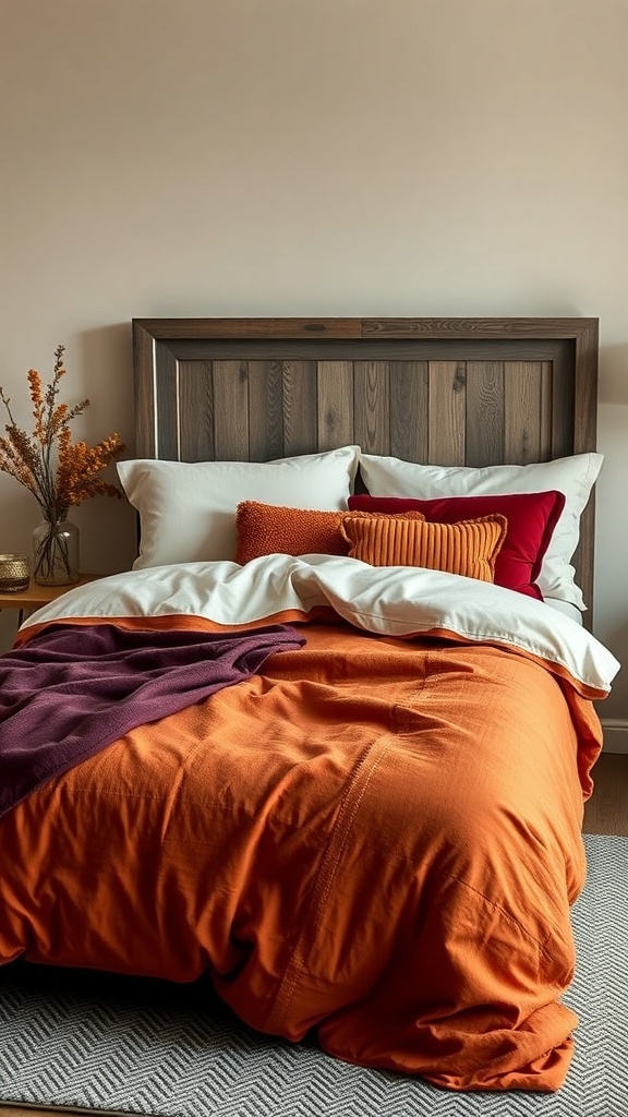 A cozy bed with an orange duvet, white pillows, and a purple throw blanket, styled for fall.