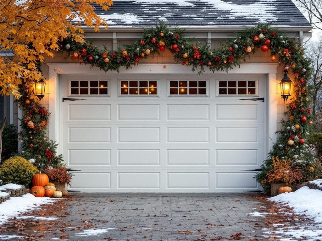 A garage decorated for Thanksgiving with a garland, ornaments, pumpkins, and warm lighting.