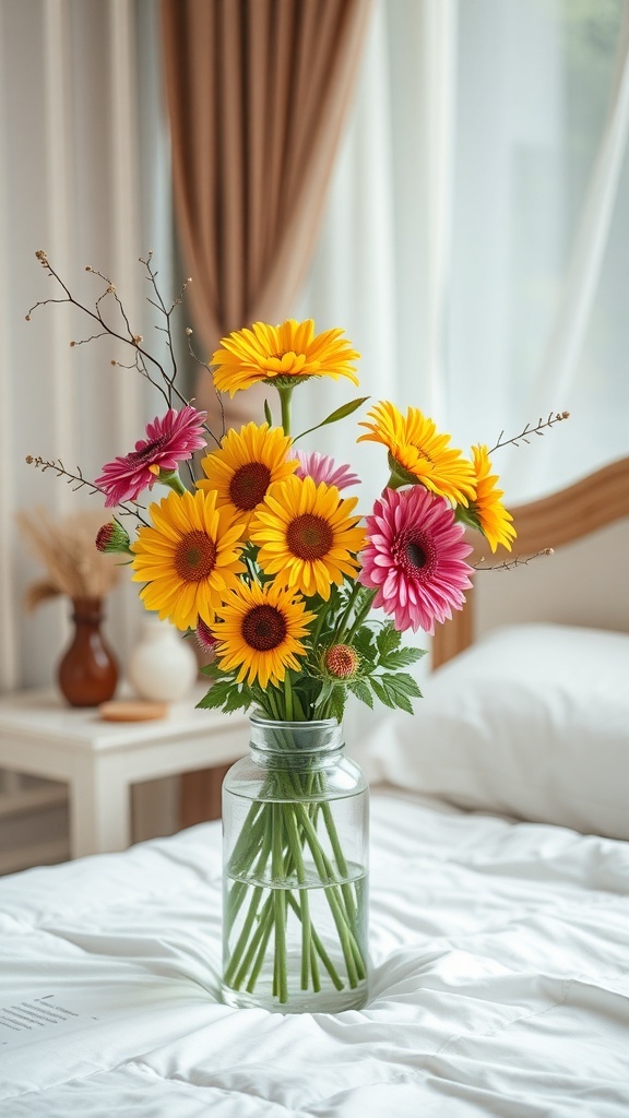 A vase filled with sunflowers and gerbera daisies on a bed, creating a cozy fall atmosphere.