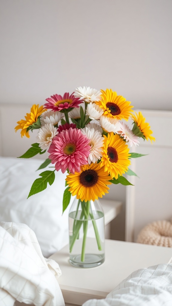 A vibrant bouquet of sunflowers and gerbera daisies in a clear vase on a bedside table.