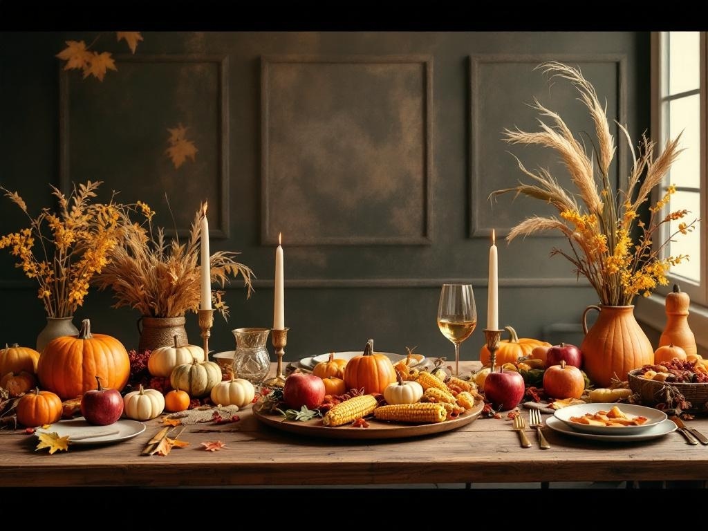 A beautifully arranged Thanksgiving dining table with pumpkins, apples, corn, and candles.