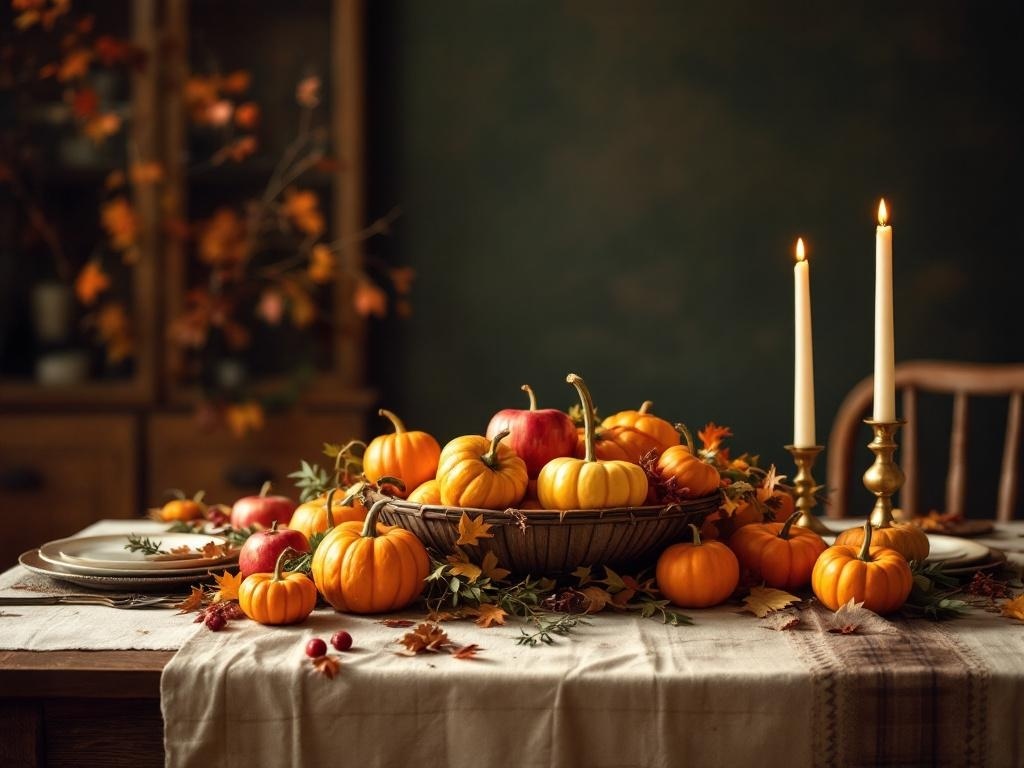 A beautifully arranged Thanksgiving table featuring pumpkins, apples, and candles.