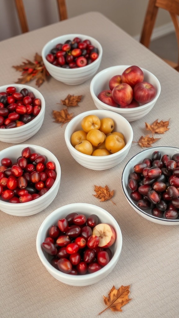 A Thanksgiving table setup featuring various seasonal fruits in white bowls, surrounded by autumn leaves.