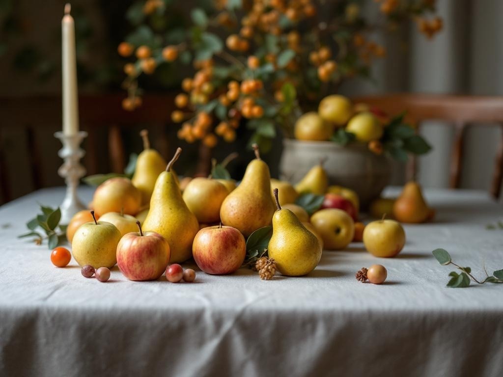 Thanksgiving table decorated with seasonal fruits including pears and apples.