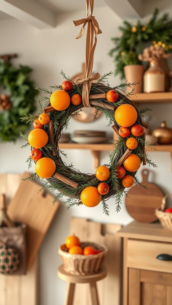 A rustic Christmas wreath adorned with oranges and small citrus fruits, hanging in a cozy kitchen.