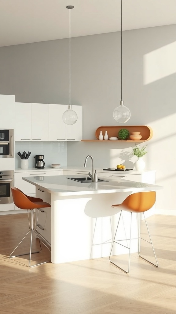 A modern kitchen peninsula with two orange bar stools, featuring white cabinets and wooden flooring.