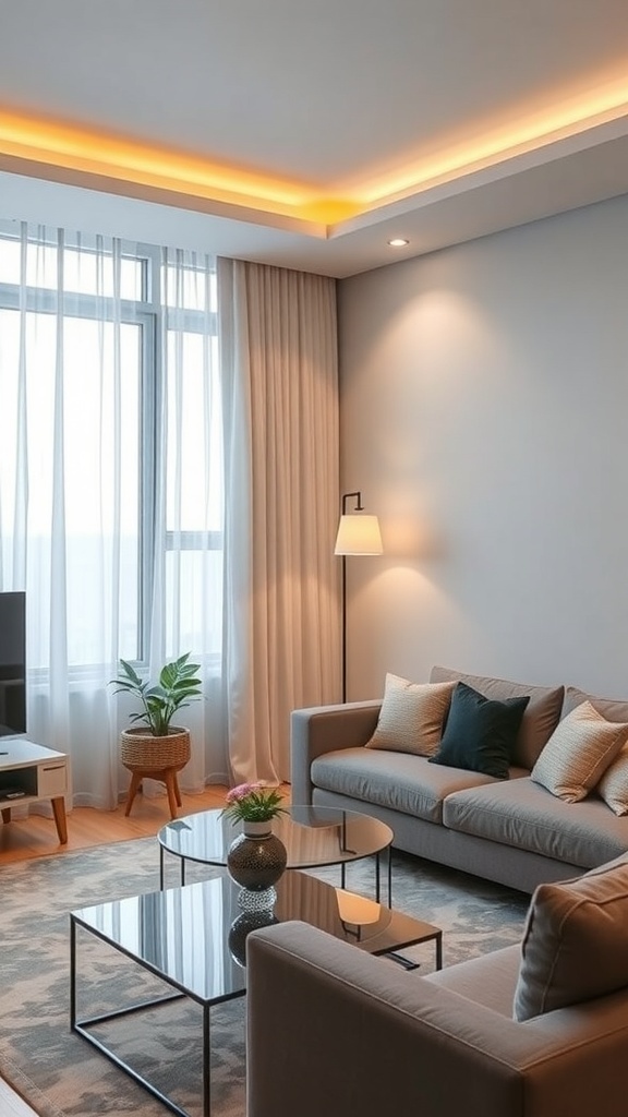 A modern living room with smart home technology features.