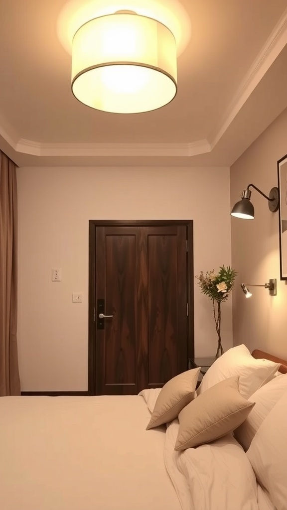 A cozy small bedroom with a stylish ceiling light and a wall-mounted lamp.