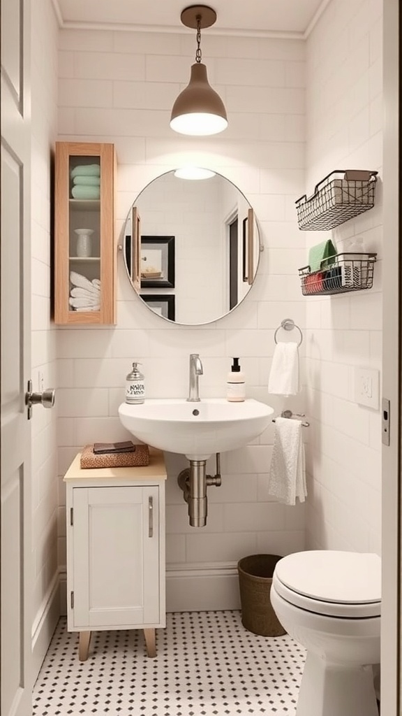 A small bathroom featuring smart storage solutions with wall-mounted shelves, a cabinet, and organized towels.