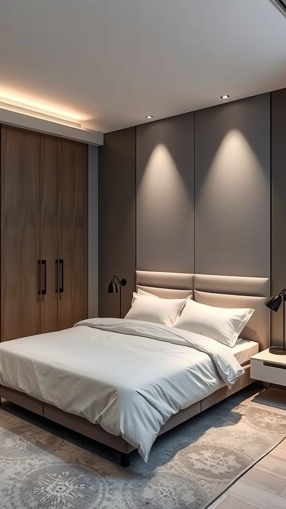 A modern master bedroom featuring smart lighting and a cozy bed.