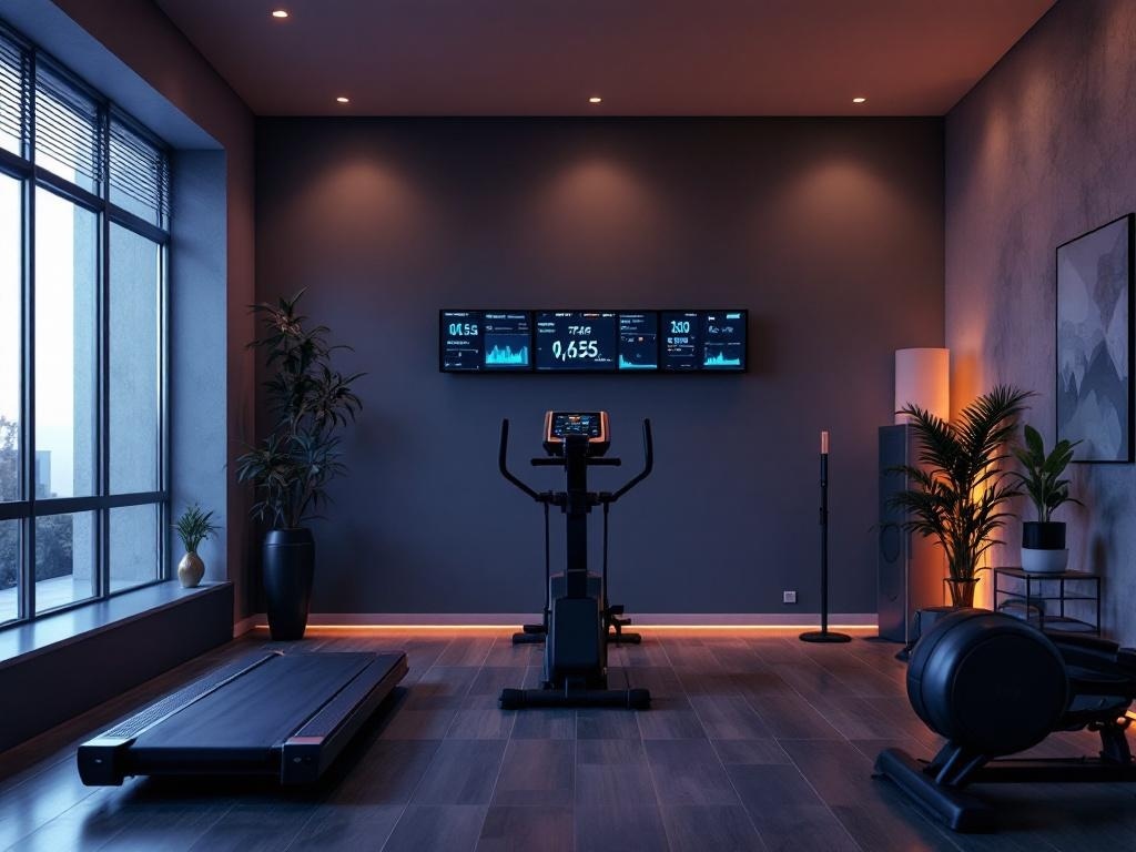 A modern home gym featuring an elliptical machine, treadmill, and multiple screens displaying workout stats, with ambient lighting and plants.