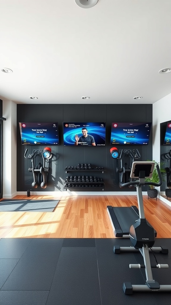 A modern home gym featuring smart technology with multiple screens, weights, and a treadmill.