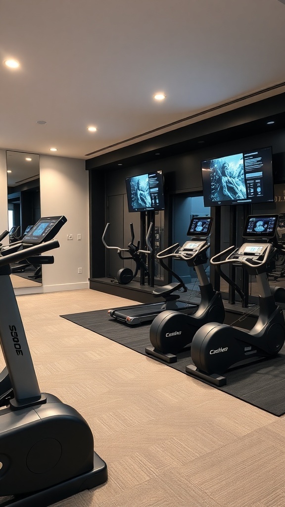 A modern home gym featuring advanced exercise equipment with screens for tracking workouts.